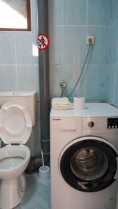 a bathroom with a washing machine and a toilet at Ivan Apartment Skopje in Skopje