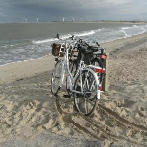 un vélo est garé sur la plage dans l'établissement 7even, à Vrouwenpolder