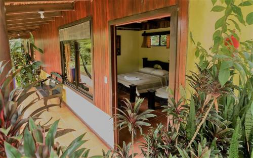 a room with a bedroom with a bed and a mirror at Catarata Eco Lodge in Fortuna