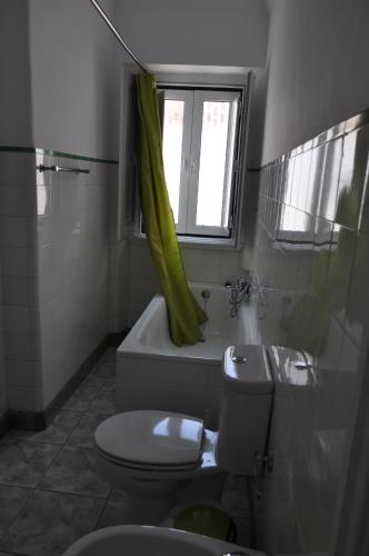 e bagno con servizi igienici e tenda doccia verde. di A Casa do Mestre a Évora