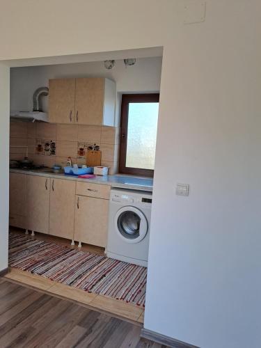 cocina con lavadora y ventana en Vila Bulgaru en Cumpăna