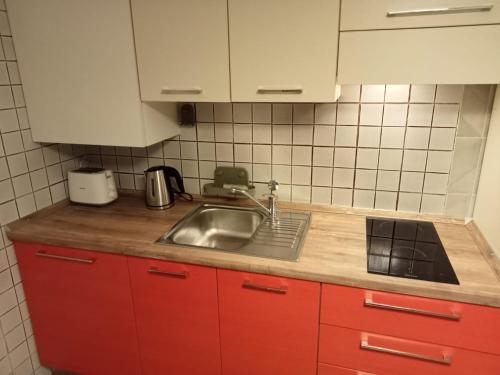 a kitchen with red cabinets and a sink at Fenix Rooms in Trieste