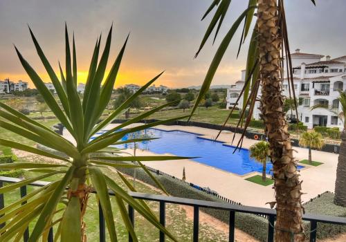 a view from the balcony of a resort with a palm tree at Romantik M in Sucina