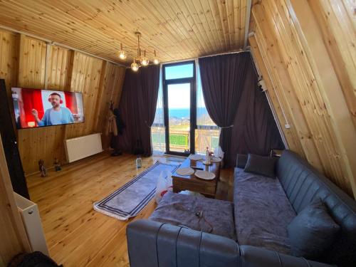 a living room with a blue couch and a tv at Cottage "Sunset" in Batumi