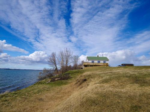 une maison au sommet d'une colline près de l'eau dans l'établissement Myvo The House Geiteyjarströnd 4, à Geiteyjarstrond