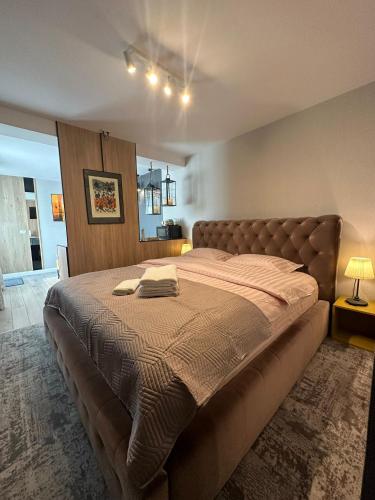 a bedroom with a large bed in a room at Luxury Studio in Iaşi