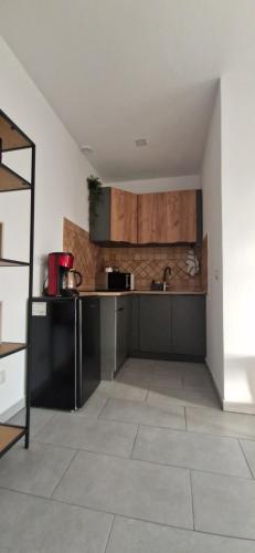 a kitchen with wooden cabinets and a counter top at Alex House in Făgăraş