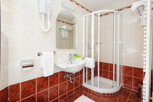 a bathroom with a sink and a shower at Hotel Brinje in Zreče