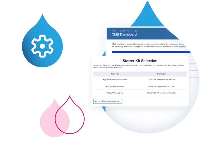 Acquia droplets with product screenshots from Acquia CMS