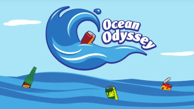 A cartoon graphic of a wave an the text "Ocean Odyssey" floating above the ocean. There are bottles and cans floating in the water. 