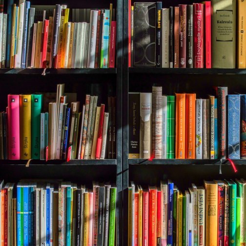 Multi-colored books on a bookshelf.