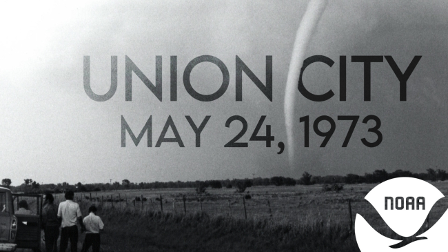 Black and white photo of the May 24, 1973, Union City tornado, with the words, "Union City May 24, 1973," superimposed over the image.