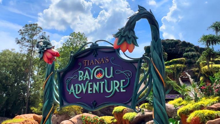 Tiana's Bayou Adventure signage at Walt Disney World's Magic Kingdom