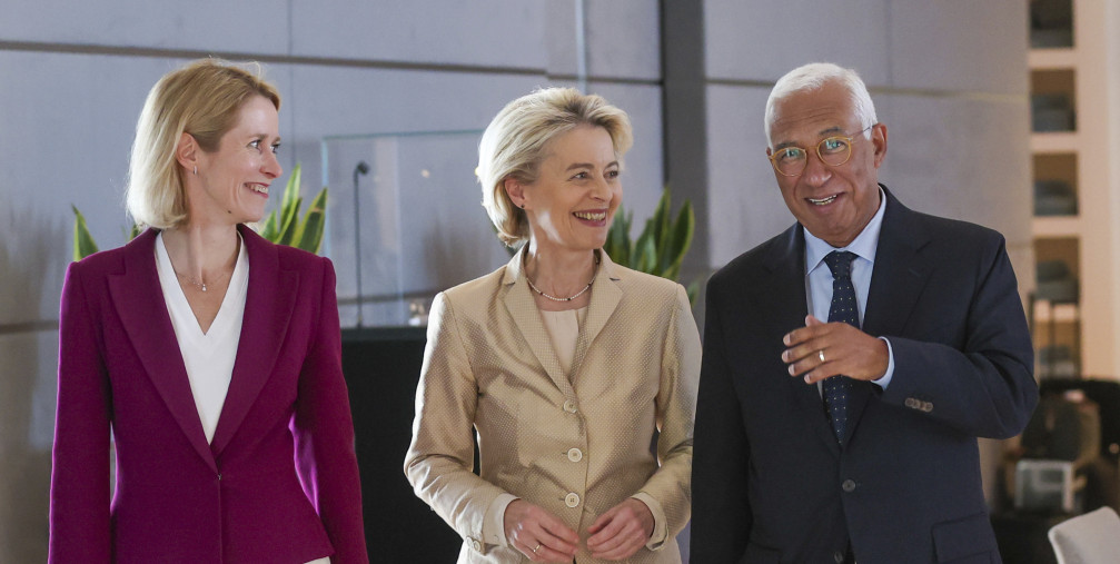 Estonia's Prime Minister Kaja Kallas, left, European Commission President Ursula Von der Leyen and former Portuguese Prime Minister Antonio Costa, right, attend a meeting at Brussels Airport, Brussels, Belgium, Friday June 28, 2024.