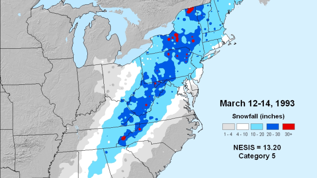 Map of Category 5 - March 1993, Mid-Atlantic/New England