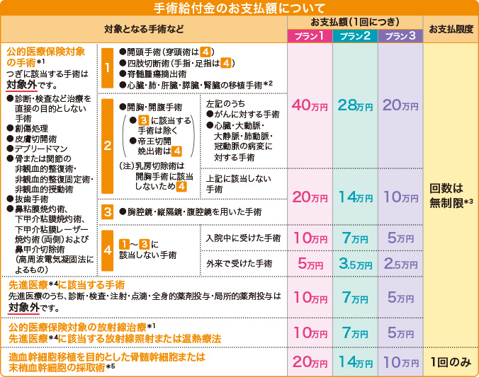 手術給付金のお支払い額について解説しています。対象となる手術は公的医療保険対象の手術のうち、回答手術、四肢切断術、脊髄腫瘍摘出術、心臓、肺、肝臓、膵臓、腎臓の移植手術、開胸または開腹手術など、手術の方法や部位により、プラン別にお支払いする給付金額が異なります。先進医療に該当する手術、公的医療保険対象の放射線治療や造血幹細胞移植を目的とした骨髄幹細胞または末梢血幹細胞の採取術なども対象となります。お支払額やお支払回数の限度のほか、一部対象外となる手術も記載していますので、予めご確認ください。