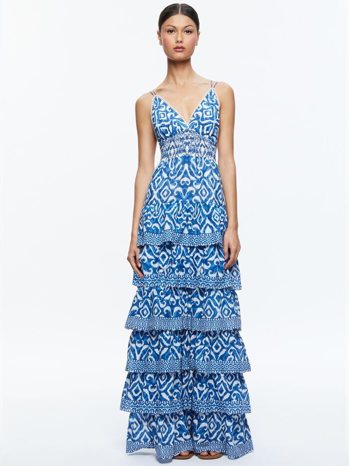 IMOGENE TIERED MAXI DRESS - ARTISAN IKAT FRENCH BLUE - Alice And Olivia