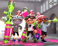 Three Inkling boys, with the center one holding a Splattershot.