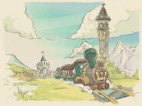 Artwork of Link directing the Spirit Train triumphantly away from Hyrule Castle.