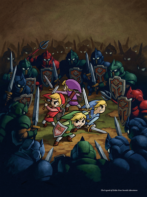 Artwork of four Links surrounded by Soldiers.