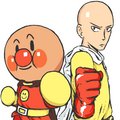 Saitama ao lado do herói de anime kodomo que serviu para sua criação (note que as cores estão invertidas.