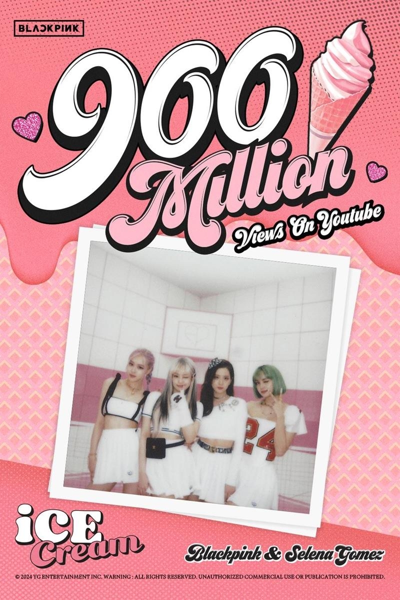 This promotional image, provided by YG Entertainment on April 7, 2024, marks BLACKPINK's "Ice Cream" music video reaching 900 million views on YouTube. (PHOTO NOT FOR SALE) (Yonhap)