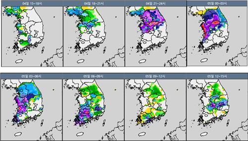 4~5일 시간대별 강수 강도. 보라색이 시간당 강수량이 많은 지역. [기상청 제공. 재판매 및 DB 금지]