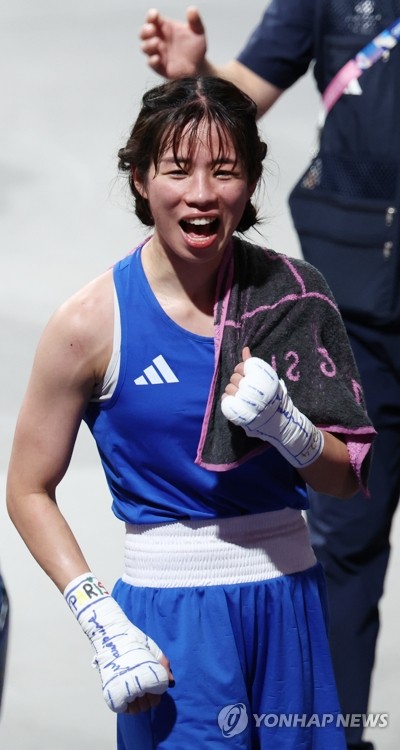 ボクシング女子５４キロ級で銅メダルを獲得した林愛智＝４日、パリ（聯合ニュース）