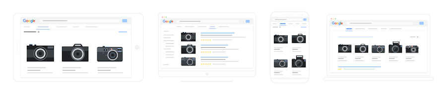 An illustration showing how Shopping ads appear on many different devices
