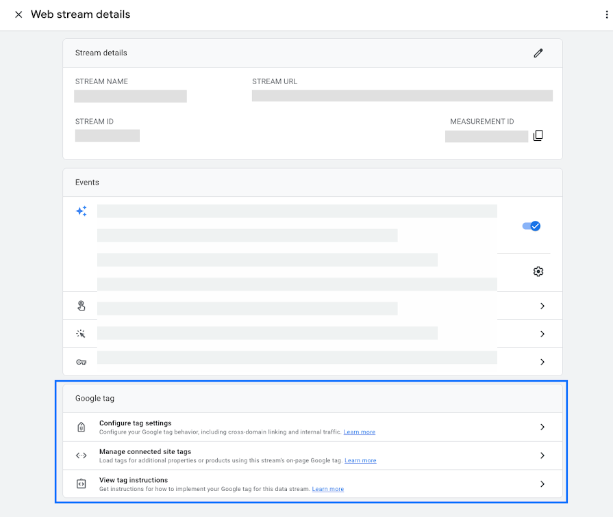 Screenshot setelan aliran data Google Analytics 4. Setelan tag Google berada di setelan aliran data