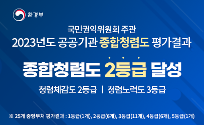  국민권익위원회 주관 2023년도 공공기관 종합청렴도 평가결과 종합청렴도 2등급 달성 청렴체감도 2등급 | 청렴노력도 3등급 ※ 25개 중앙부처 평가결과 : 1등급(1개), 2등급(6개), 3등급(11개), 4등급(6개), 5등급(1개)