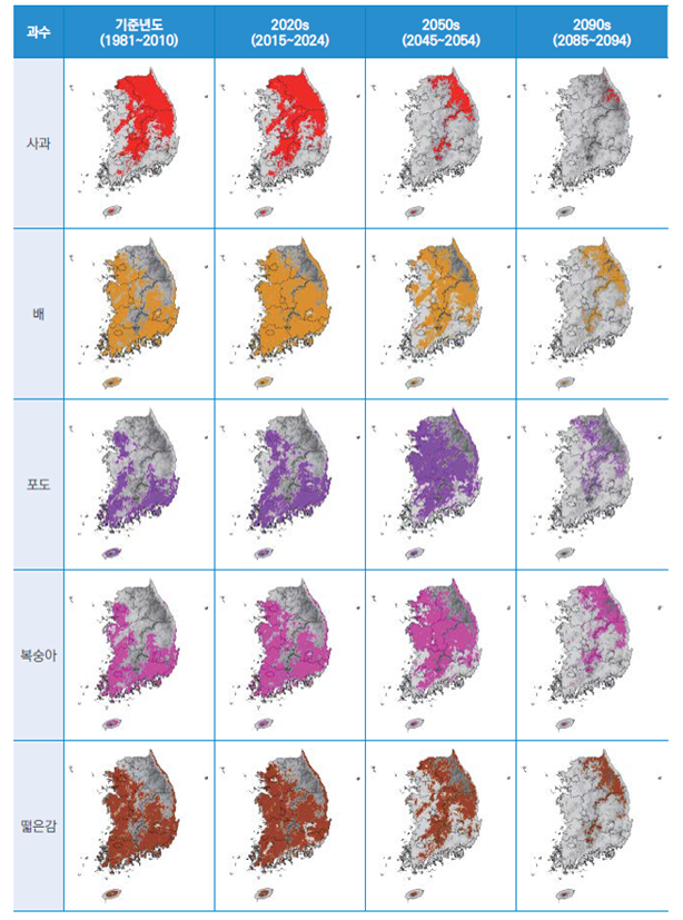 사과, 배, 포도, 복숭아, 떫은감의 재배적지 미래 전망