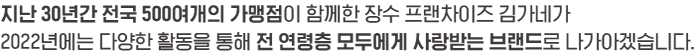 지난 25년간 전국 400여개의 가맹점이 함께한 장수 프랜차이즈 김가네가 2018년에는 다양한 활동을 통해 전 연령층 모두에게 사랑받는 브랜드로 나아가겠습니다.