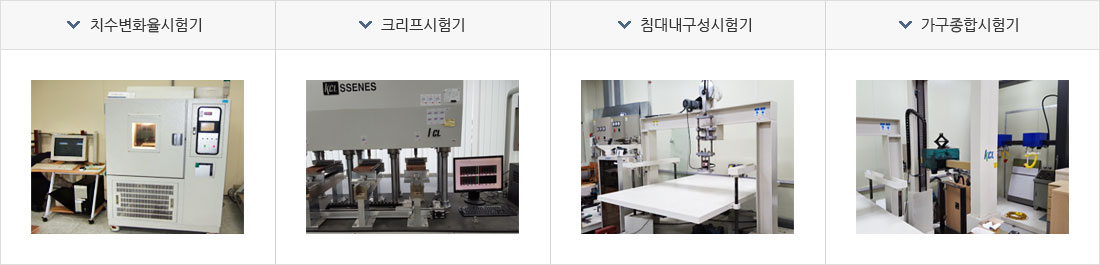 치수변화율시험기, 크리프시험기, 침대내구성시험기, 가구종합시험기