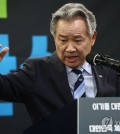 Lee Kee-heung, head of the Korean Sport & Olympic Committee (KSOC), speaks at a press conference announcing his bid for a third term as KSOC president in Seoul on Dec. 23, 2024. (Yonhap)