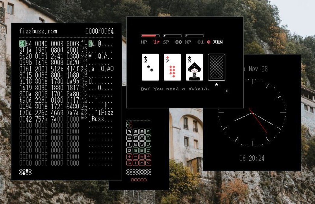 A screen of a Linux desktop with various open Uxn applications, like a calculator, a clock and Donsol