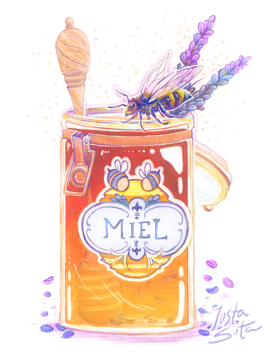 So my computer went kaput like 2 weeks ago and I had some ‘free time’ to work on something traditional. Though of course I fixed it up later.
I like honey and I like lavender and I like bees. I’ll have this as print at Jafax, plus the original !! ;D