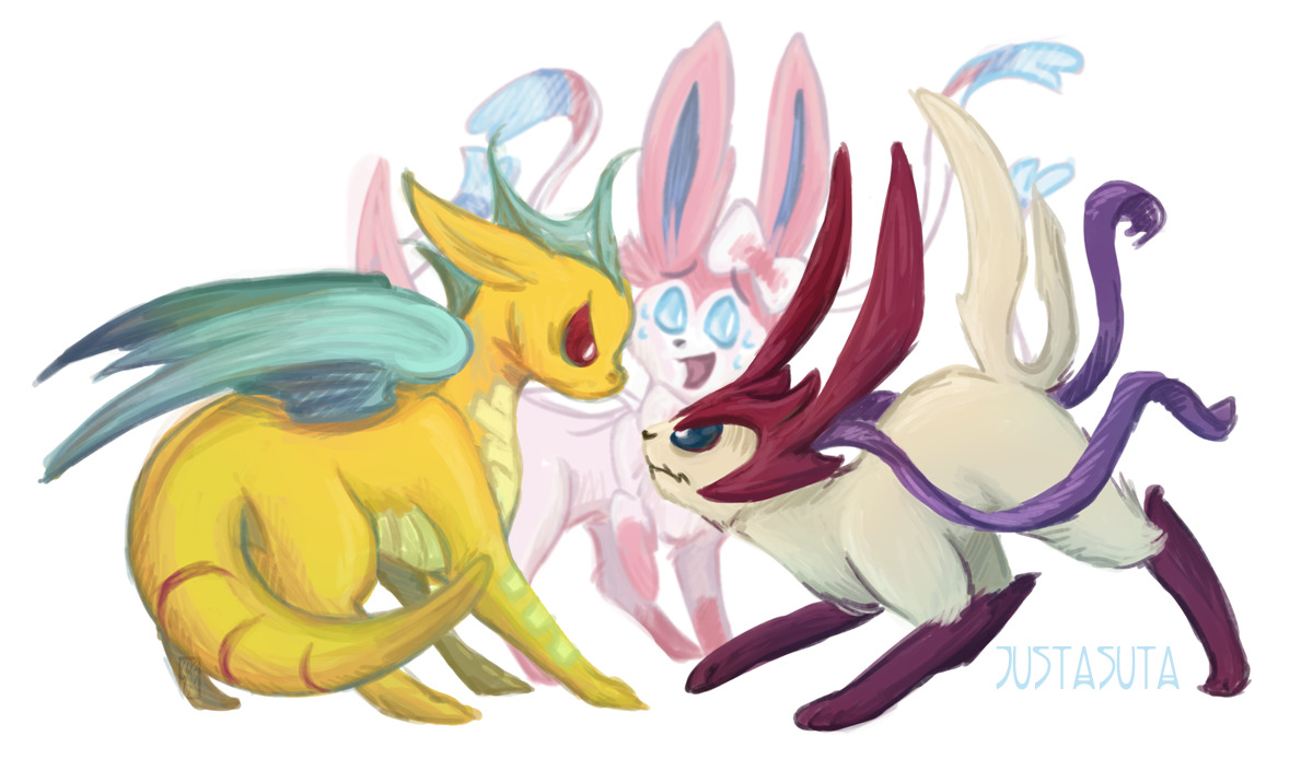 Sylveon: Guys, calm down. No need for shit to get serious.
So. Since Eeveelutions are introduced in pairs with opposing types and since Sylveon is now revealed to be Fairy type and since Fairy will be super effective against Dragon types...