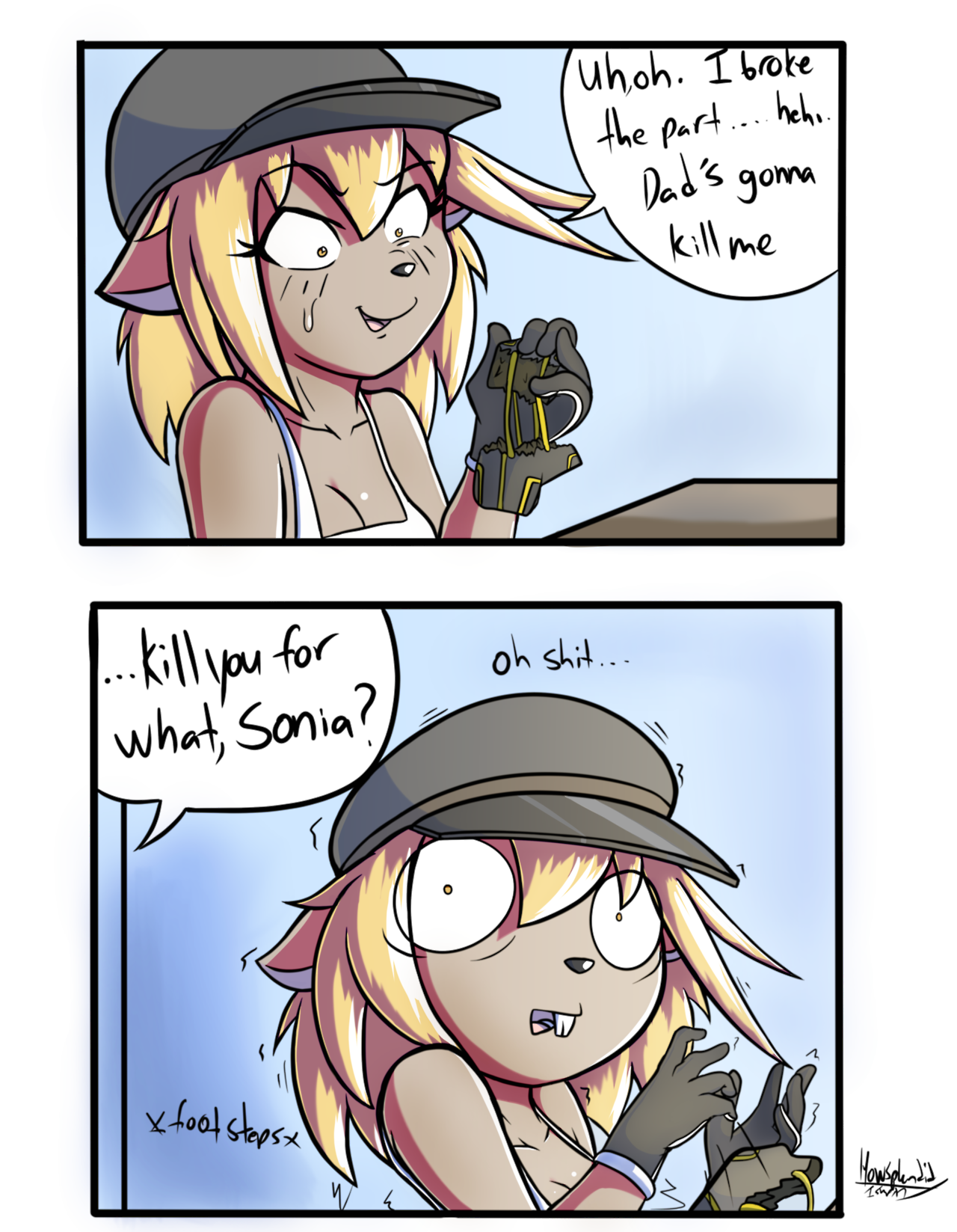 looks like Sonia done pooped!
Worked on a small comic strip with my character Sonia Cal. I wanted to test out a new coloring method and test out comic stuff again
Sonia Cal © HowSplendid