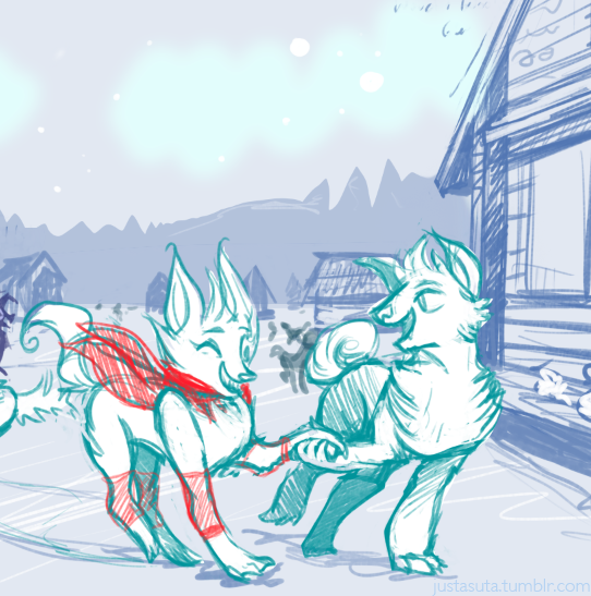 Something small from one of my finals. I’m doing 4 illustrations of my world and here’s part of the winter sketch. I have to change it, but I really like this skating couple.