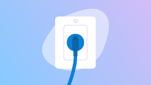 Graphic showing plug in a socket with blue and purple background