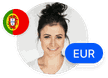 A headshot of a person from Portugal, showing the Portuguese flag and currency.