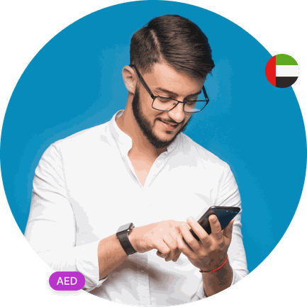 Man in a white shirt looking at his mobile phone, wearing glasses and a watch. UAE flag and currency.   