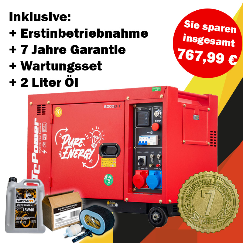 [Monatsdeal] ITC Power, Full Power Stromaggregat Diesel 8 kVA 8000D-T 230&400 V Stromerzeuger inkl. Erstbetriebnahme, 7 Jahre Garantie, Wartungsset & 2 Liter Öl