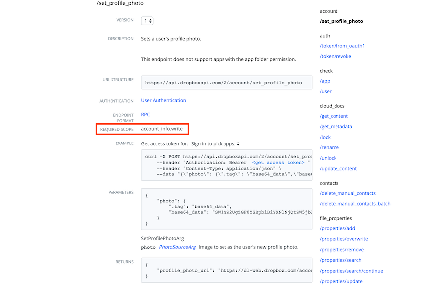 Required scope field on an endpoint of the Dropbox API