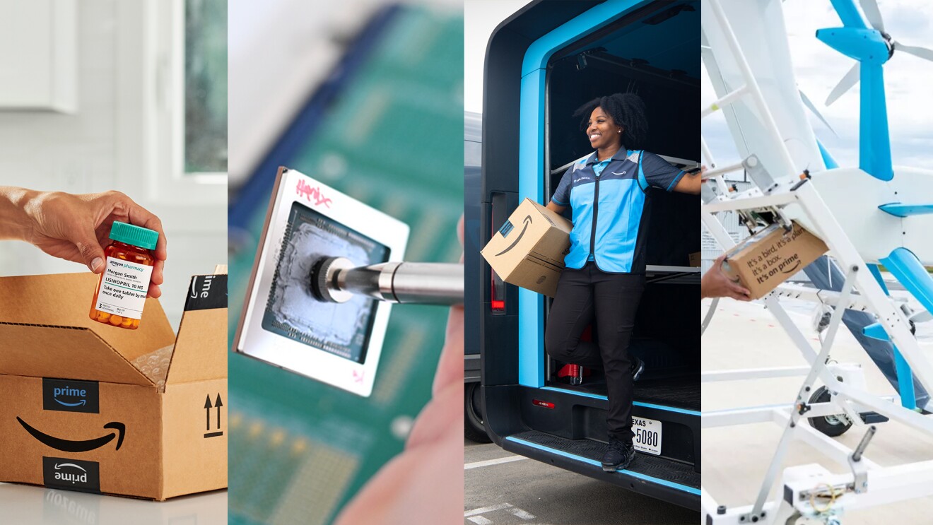 A collage of four images: a prescription bottle being pulled out of an Amazon box, an AI chip, an Amazon delivery driver holding a package and standing at the back of a delivery van, an Amazon package being loaded into a drone.