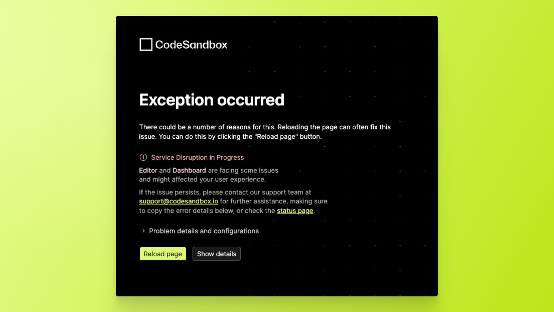 CodeSandbox new error message with service status