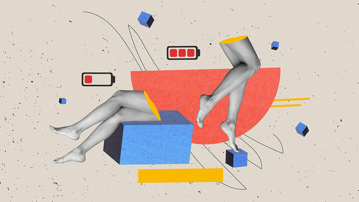 Collage consisting of women's legs, geometrical shapes in blue, orange, and yellow, and a battery simbol