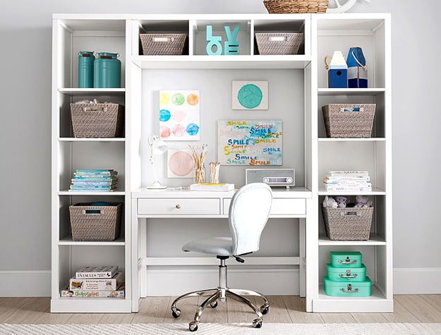 Desk wall system with organized bins