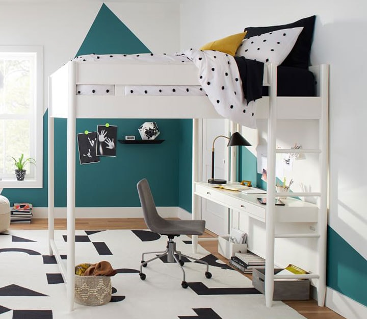 Bedroom with white wood bunk bed and desk